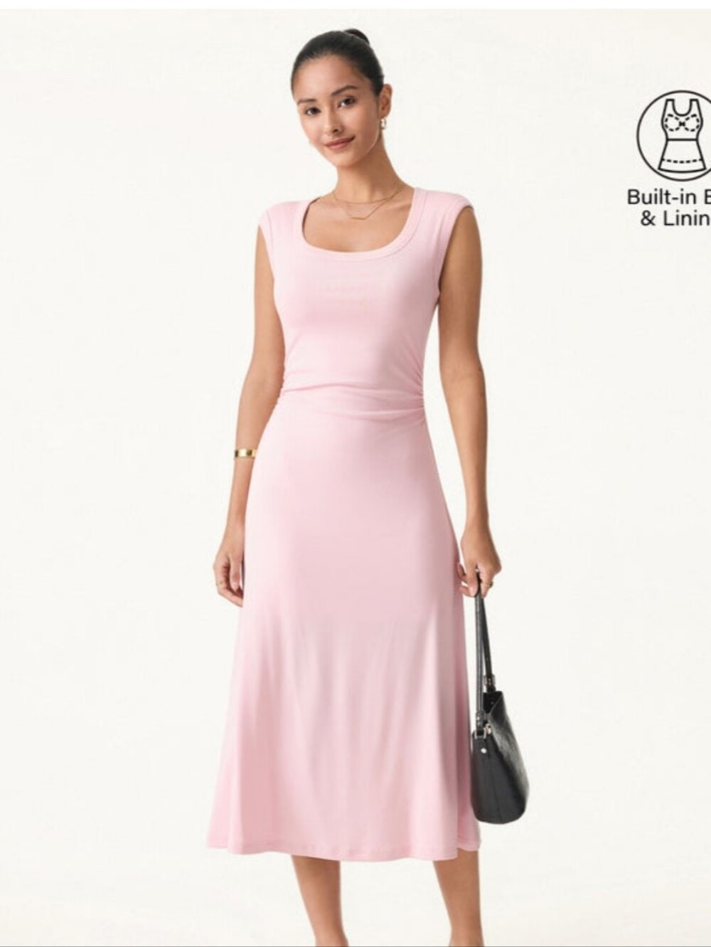 OGL Scoop Neck Side Ruched Brami Midi Dress in a soft blush